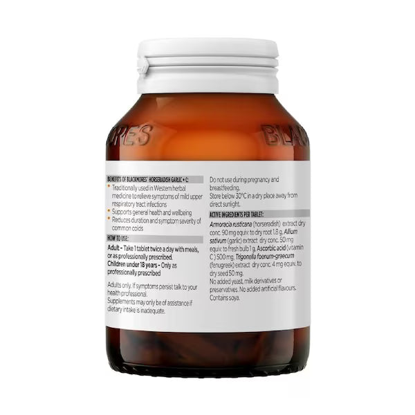 Blackmores Horseradish Garlic + C 90 Tablets for immune support and respiratory health.