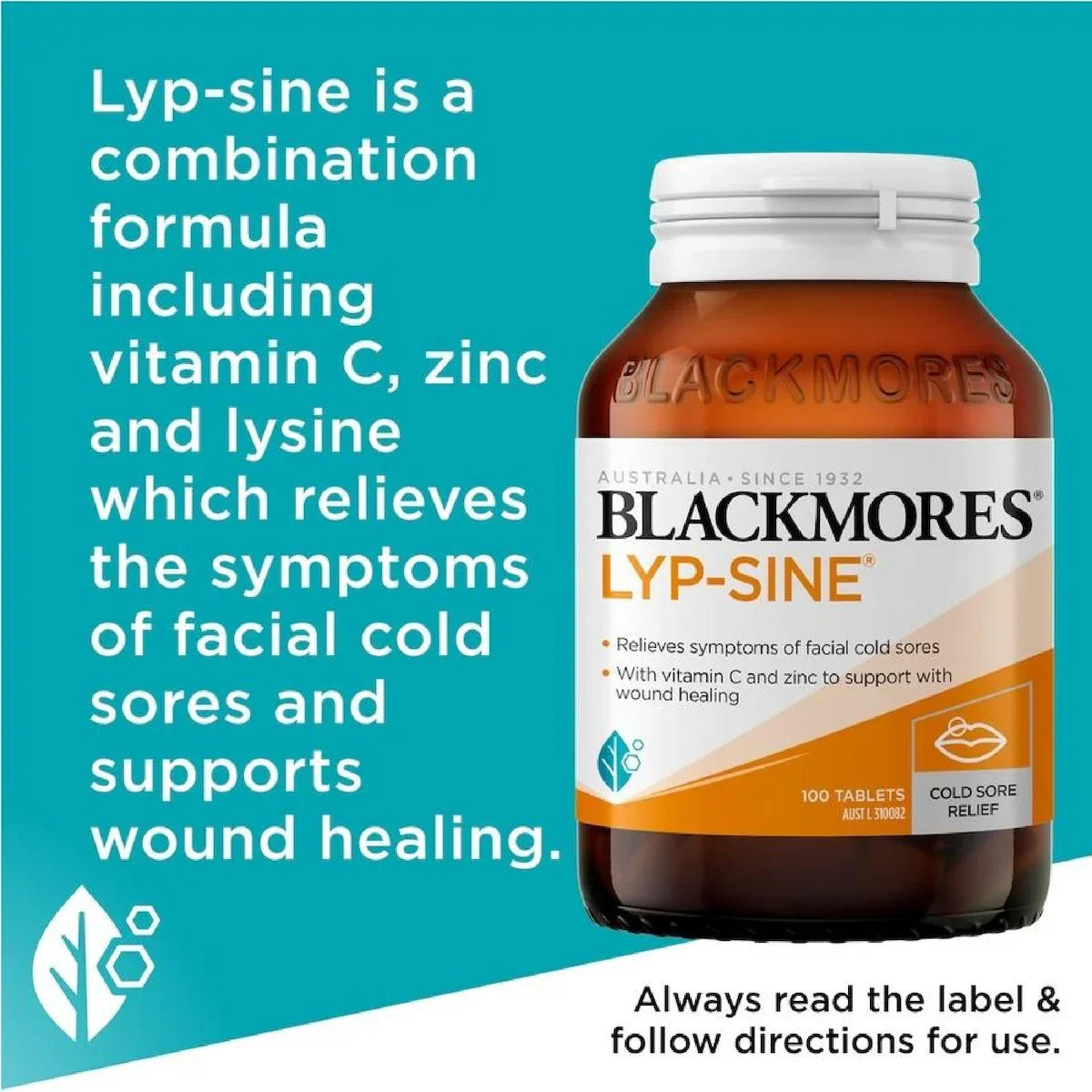 Blackmores Lyp-Sine 100 Tablets is a dietary supplement designed to support immune function and relieve cold sores. This product features 100 tablets in a bottle.