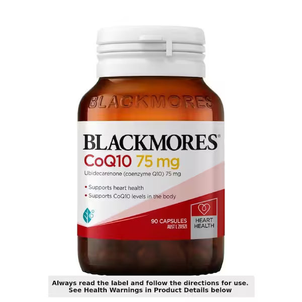 Blackmores CoQ10 75mg 90 Capsules, a bottle of dietary supplements for heart and energy health.