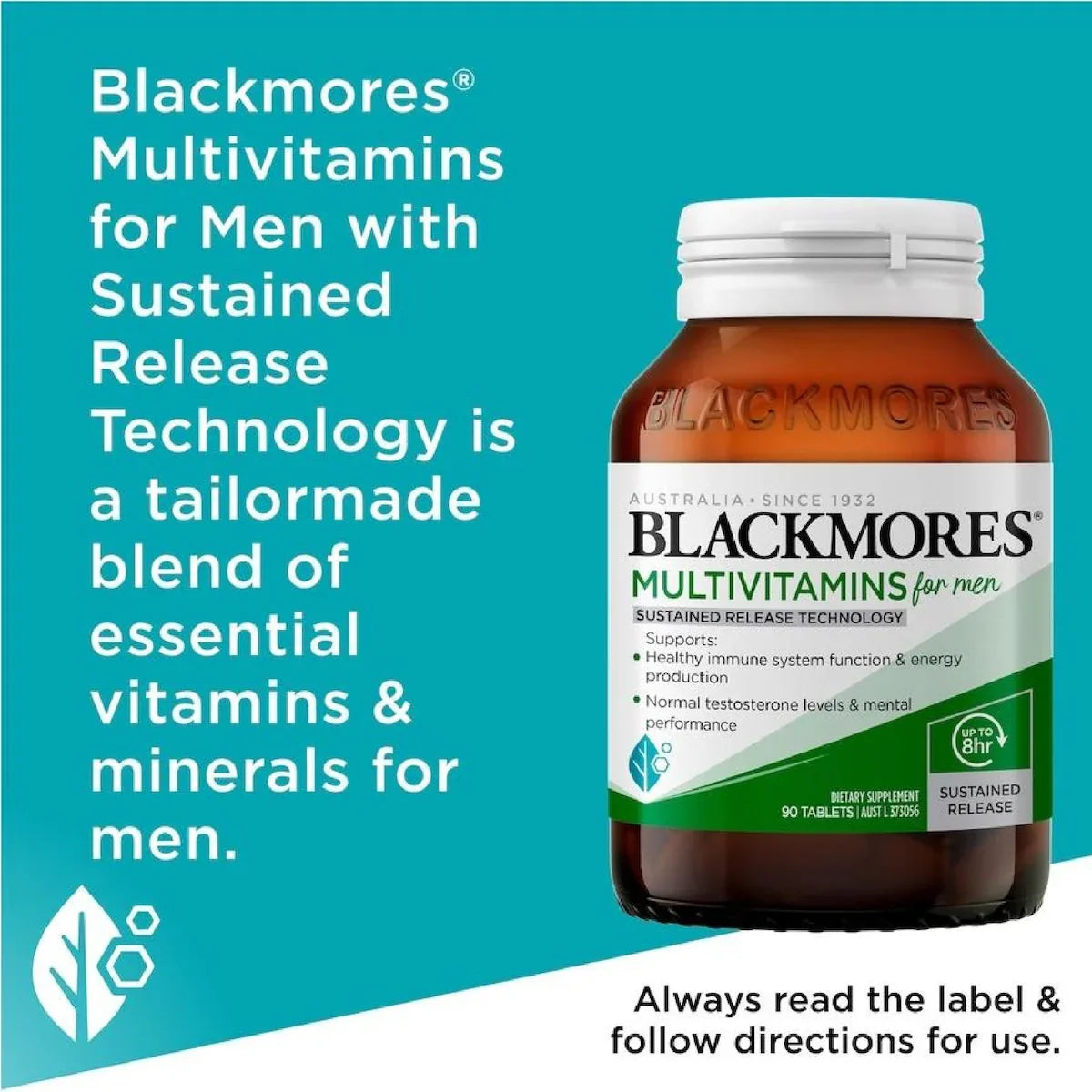 Blackmores Sustained Release Men's Multivitamin 90 Tablets bottle front view, premium health supplement for men's daily nutrition and vitality.