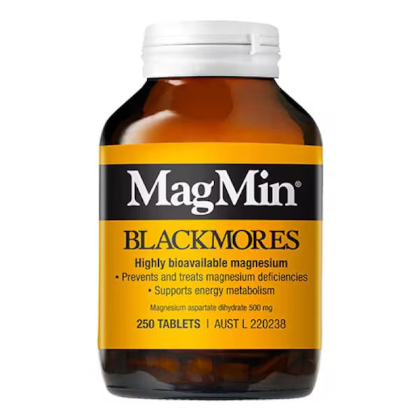 Blackmores MagMin 500mg 250 Tablets – Magnesium supplement bottle for muscle function and relaxation