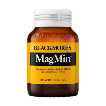 Blackmores MagMin 500mg 100 Tablets bottle showing the front packaging with product details.
