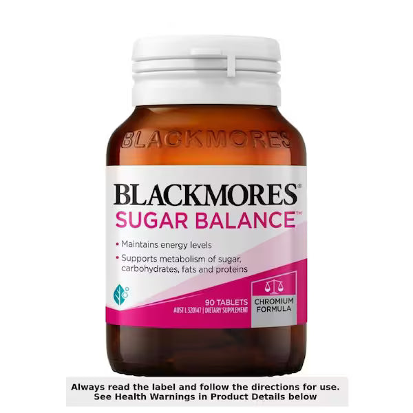 Blackmores Sugar Balance 90 Tablets bottle, promoting healthy blood sugar levels and supporting overall metabolic health.