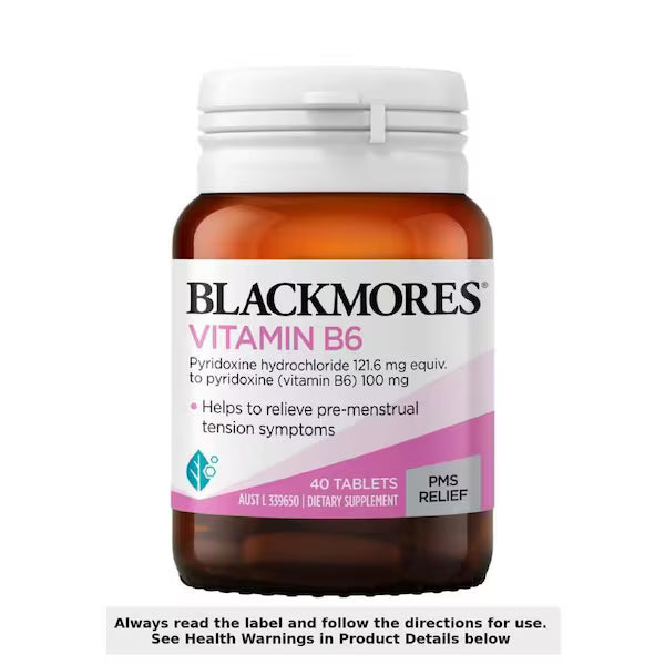 Blackmores Vitamin B6 100mg 40 Tablets bottle for energy, immune support, and overall wellness.