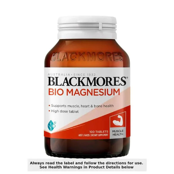 Blackmores Bio Magnesium 100 Tablets bottle front view, premium magnesium supplement for muscle relaxation and overall wellness.