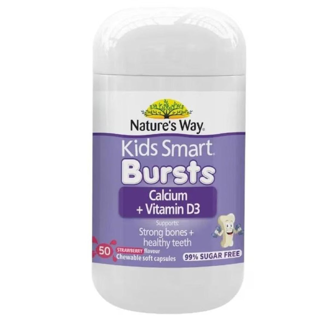 Nature’s Way Kids Smart Calcium + D3 bottle, white container with purple label, 50 chewable soft capsules