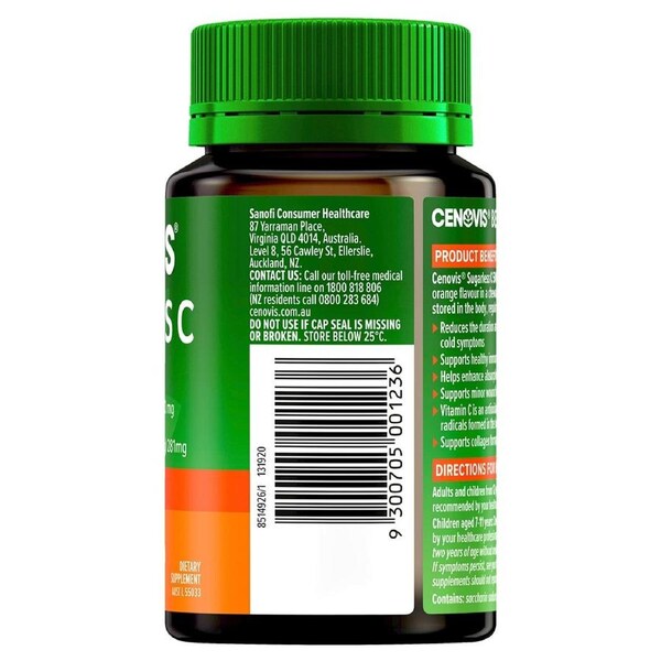 Cenovis Sugarless Vitamin C 500mg Orange 100 Tablets bottle with orange flavor tablets for immune support and antioxidant health.