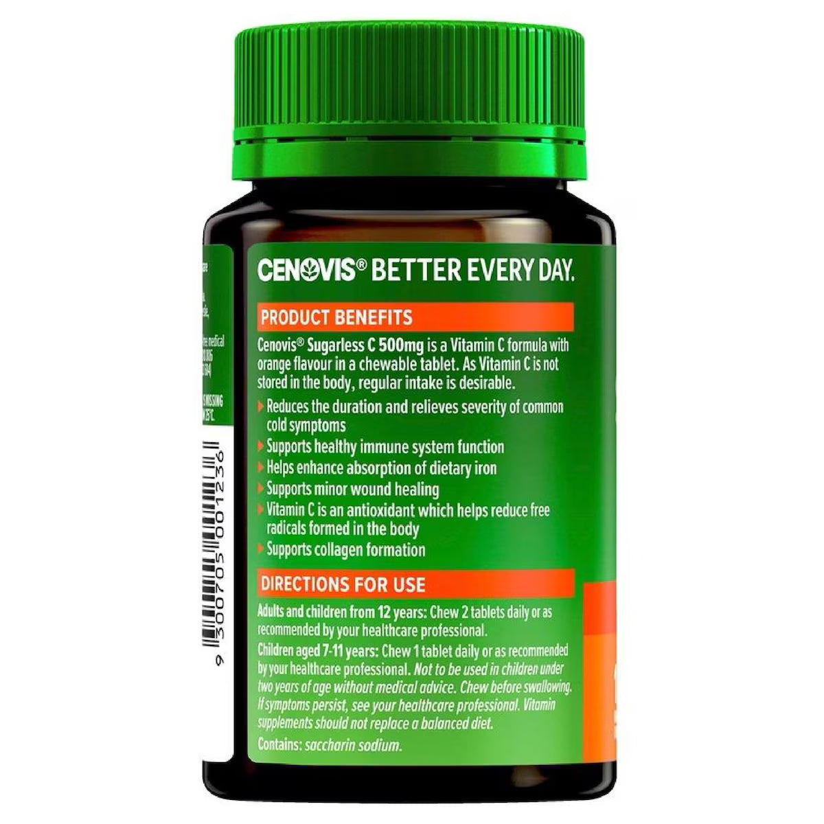 Cenovis Sugarless Vitamin C 500mg Orange 100 Tablets bottle with orange flavor tablets for immune support and antioxidant health.