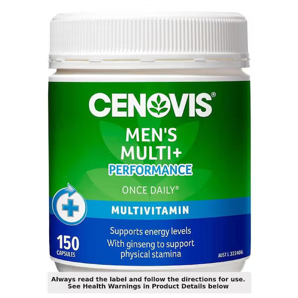 Cenovis Men's Multi+ Performance 150 Capsules bottle – premium multivitamin supplement designed to support energy, stamina, muscle function, and overall men's health.