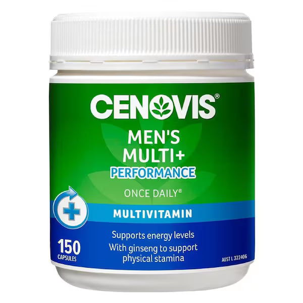 Cenovis Men's Multi+ Performance 150 Capsules bottle – premium multivitamin supplement designed to support energy, stamina, muscle function, and overall men's health.