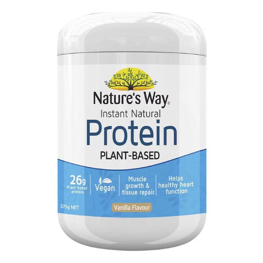 Nature’s Way Instant Plant Based Protein Powder Vanilla 375g tub – high-protein vegan supplement made from plant ingredients with natural vanilla flavor