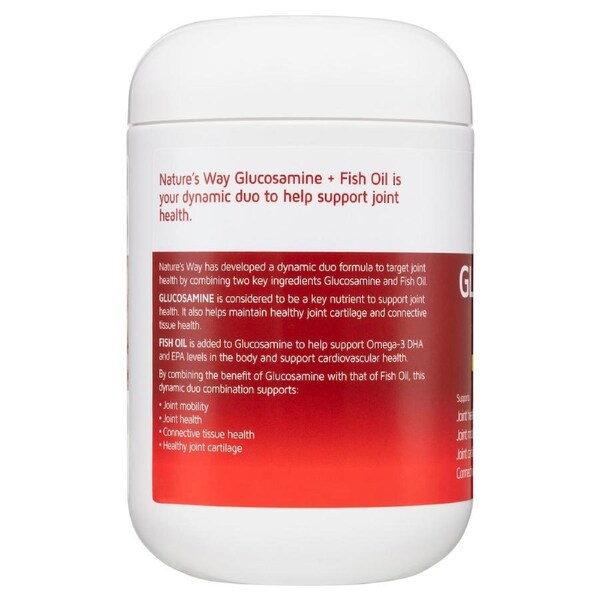 Nature’s Way Glucosamine & Fish Oil 200 Capsules bottle – joint support supplement combining glucosamine and omega-3 fish oil for healthy joints and mobility.