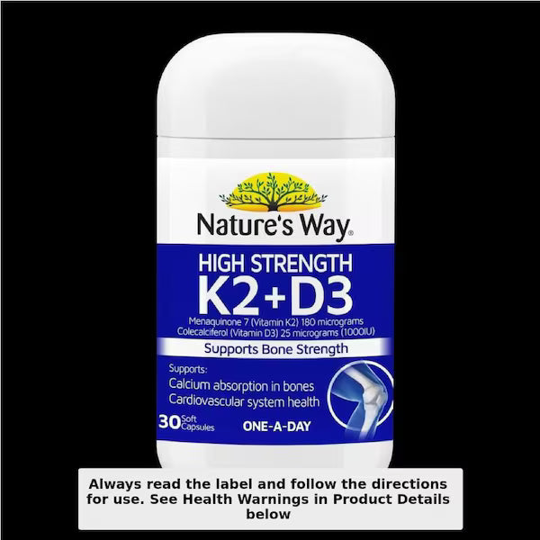 Nature’s Way Vitamin K2 + D3 30 Capsules bottle on white background, supporting bone health and immune system, natural supplement.