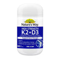 Nature’s Way Vitamin K2 + D3 30 Capsules bottle on white background, supporting bone health and immune system, natural supplement.