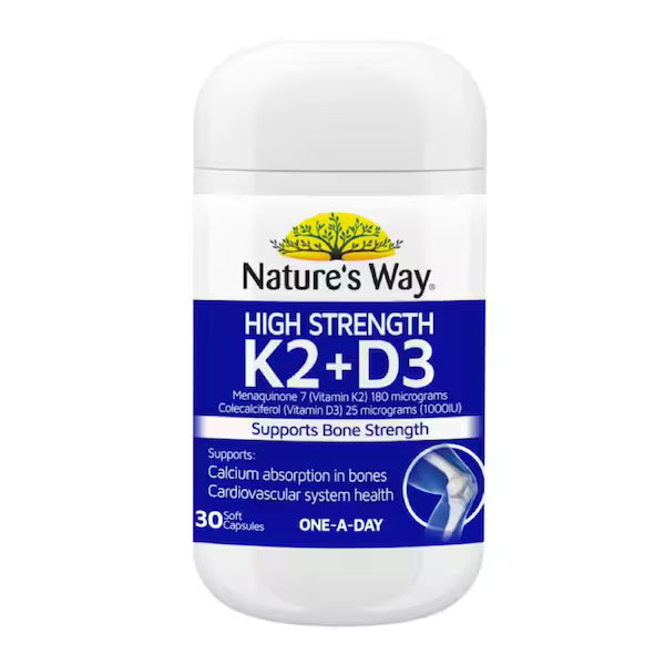 Nature’s Way Vitamin K2 + D3 30 Capsules bottle on white background, supporting bone health and immune system, natural supplement.