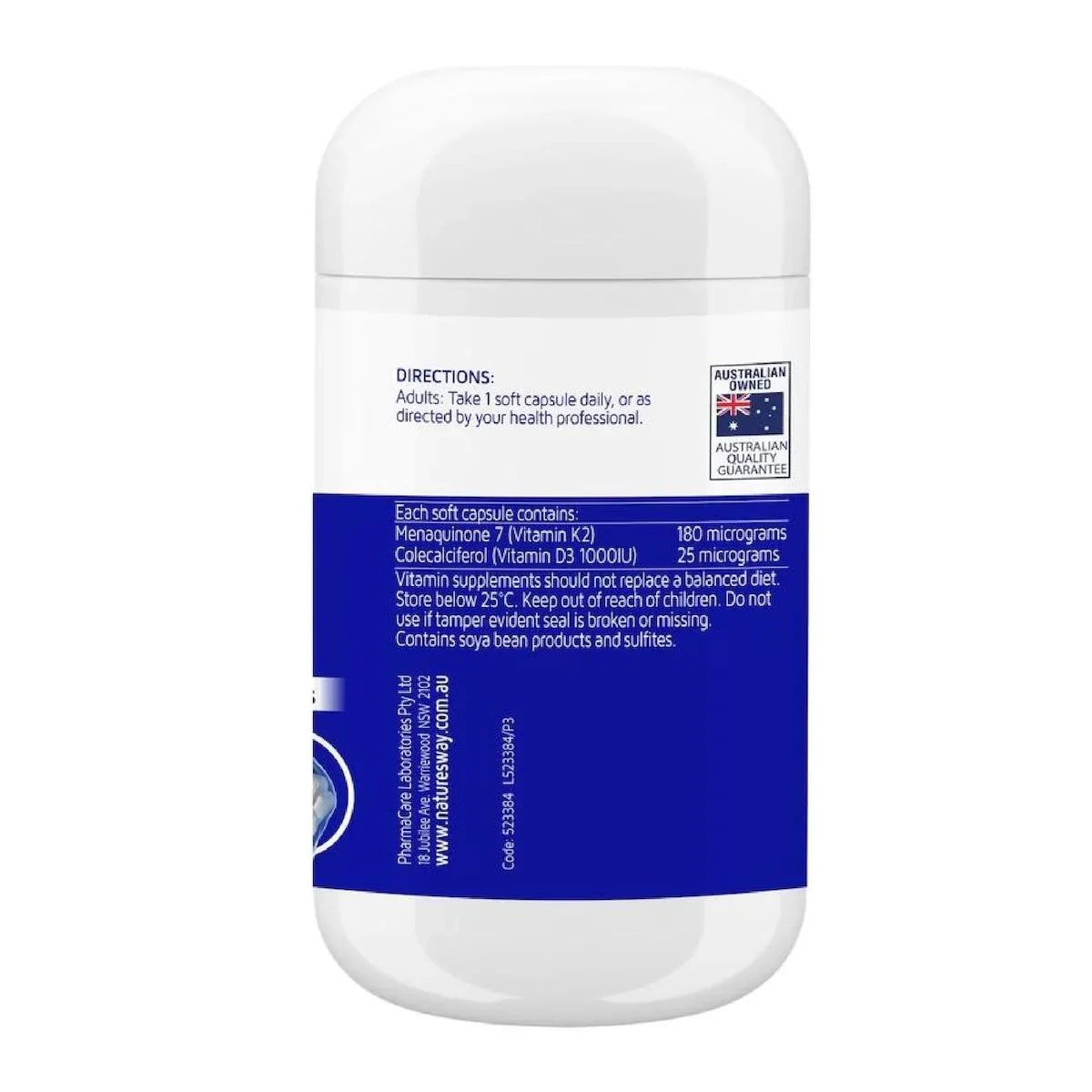 Nature’s Way Vitamin K2 + D3 30 Capsules bottle on white background, supporting bone health and immune system, natural supplement.