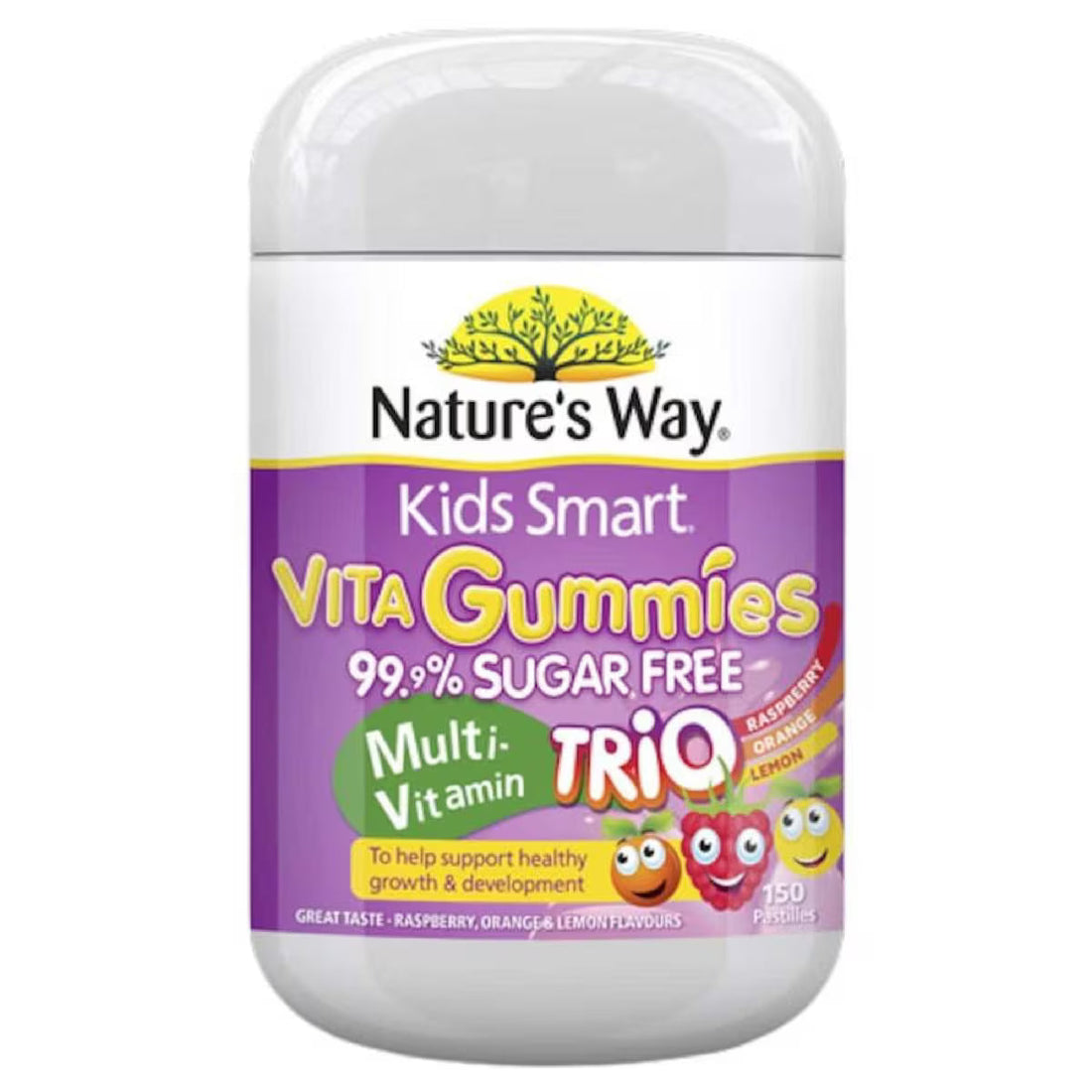 Nature’s Way Kids Smart Vita Gummies 99% Sugar Free Multivitamin Trio Flavour 150 pack bottle with colorful kids vitamins for daily health support.