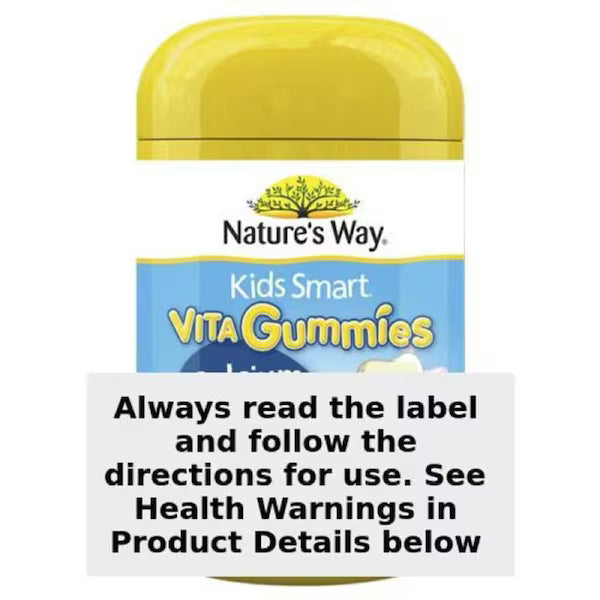 Natures Way Kids Smart Vita Gummies Calcium + Vitamin D 120 Pack, a bottle of gummy vitamins designed to support kids' bone health with calcium and vitamin D.