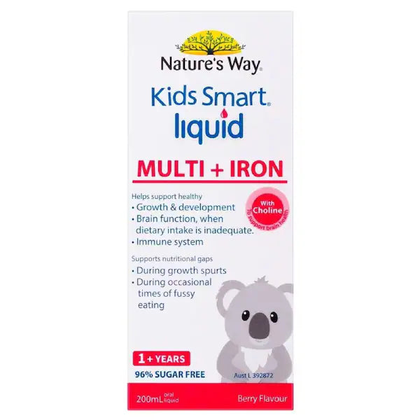 Nature's Way Kids Smart Liquid Multi + Iron 200ml, a vibrant liquid supplement for kids, featuring essential vitamins and minerals to support healthy growth and development with added iron.