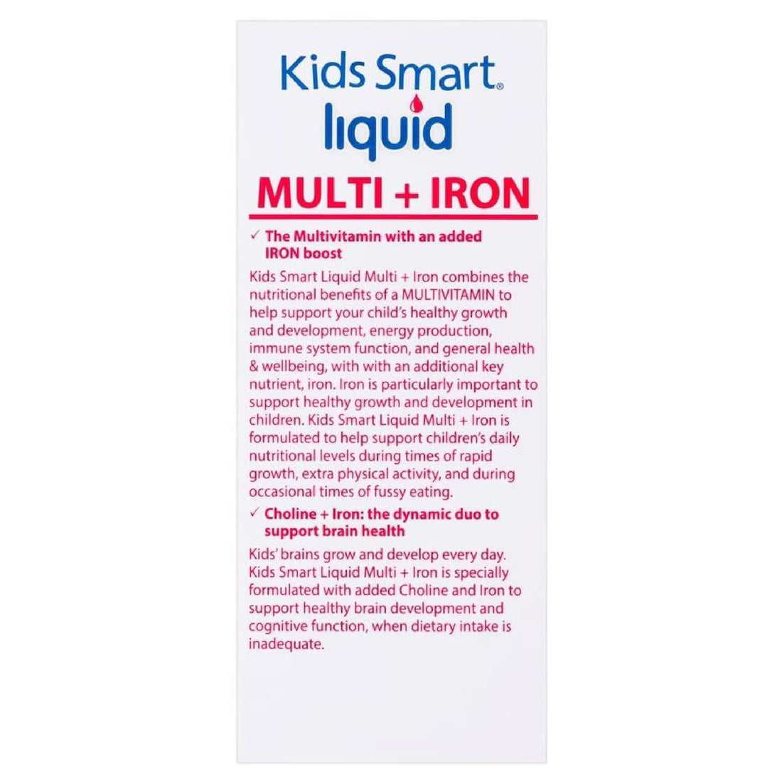 Nature's Way Kids Smart Liquid Multi + Iron 200ml, a vibrant liquid supplement for kids, featuring essential vitamins and minerals to support healthy growth and development with added iron.