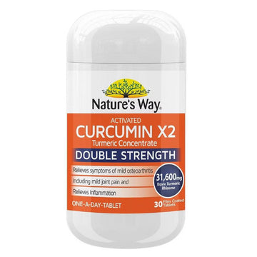 Natures Way Activated Curcumin X2 Turmeric Concentrate 30 Tablets bottle with a white background showcasing the product packaging and design.