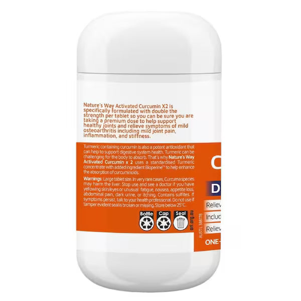 Natures Way Activated Curcumin X2 Turmeric Concentrate 30 Tablets bottle with a white background showcasing the product packaging and design.