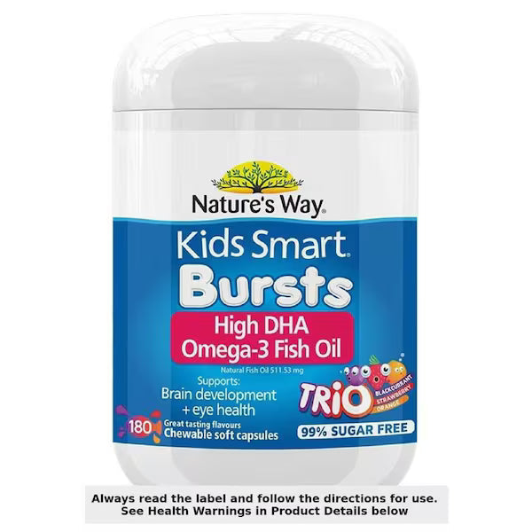 Natures Way Kids Smart Omega 3 Fish Oil Bursts Trio 180 Chewable Capsules – children’s dietary supplement with omega-3 DHA for brain and eye health, fruity flavored chewable capsules in a family-size pack.