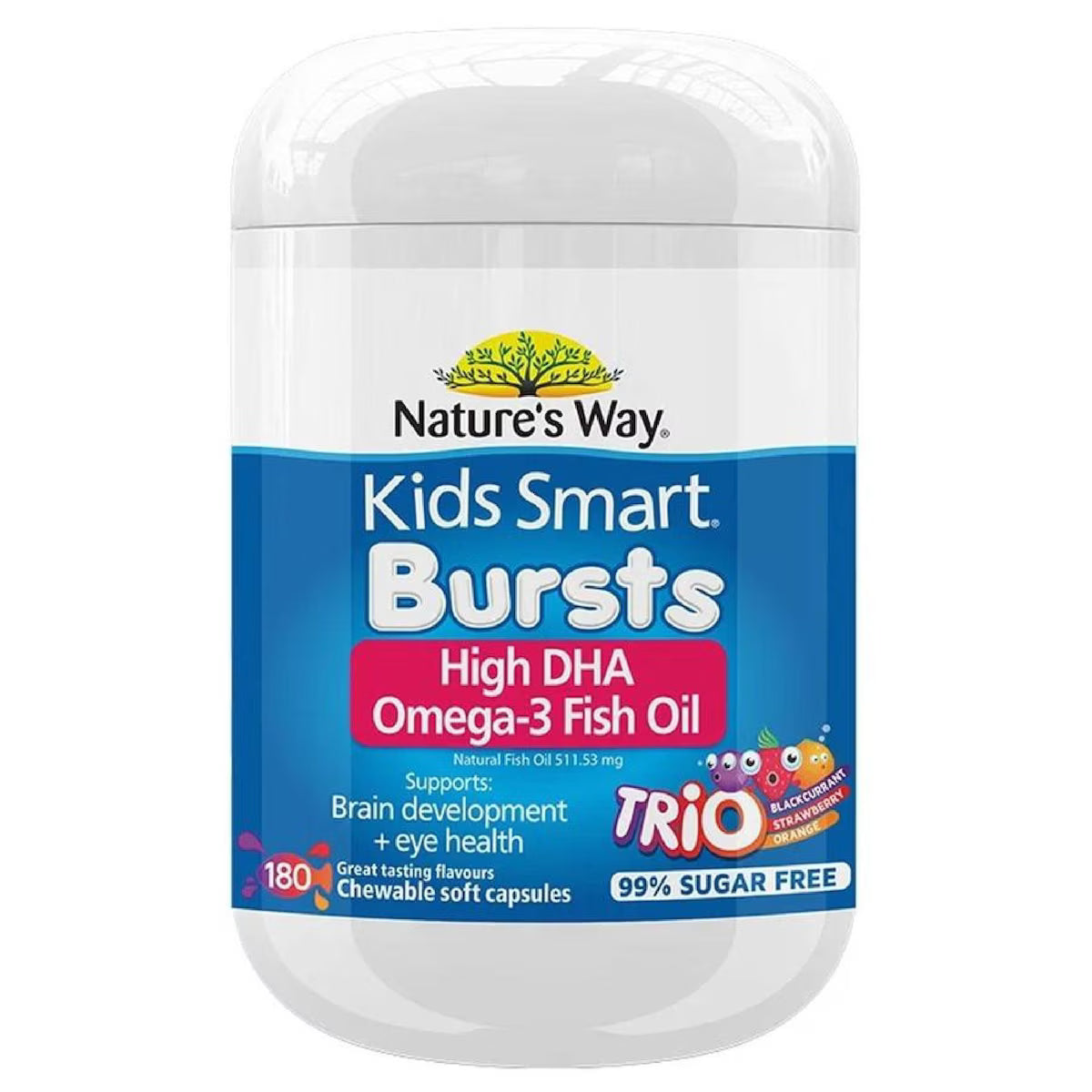 Natures Way Kids Smart Omega 3 Fish Oil Bursts Trio 180 Chewable Capsules – children’s dietary supplement with omega-3 DHA for brain and eye health, fruity flavored chewable capsules in a family-size pack.