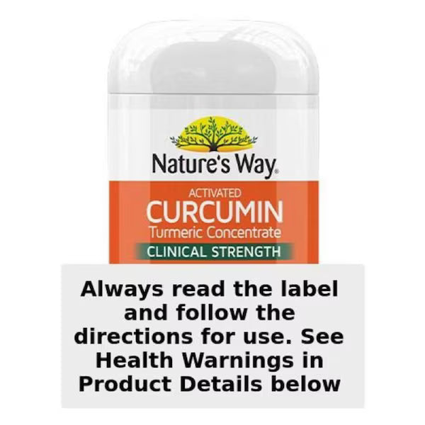 Natures Way Activated Curcumin Clinical Strength 90 Tablets bottle featuring turmeric root design, natural health supplement for inflammation and joint support.