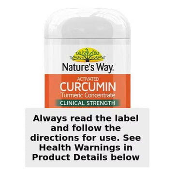 Natures Way Activated Curcumin Clinical Strength 90 Tablets bottle featuring turmeric root design, natural health supplement for inflammation and joint support.