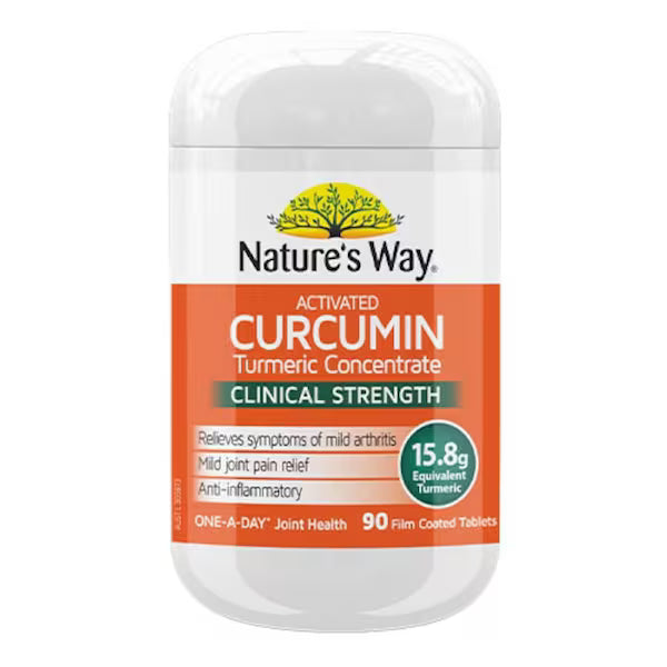 Natures Way Activated Curcumin Clinical Strength 90 Tablets bottle featuring turmeric root design, natural health supplement for inflammation and joint support.
