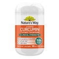 Natures Way Activated Curcumin Clinical Strength 90 Tablets bottle featuring turmeric root design, natural health supplement for inflammation and joint support.