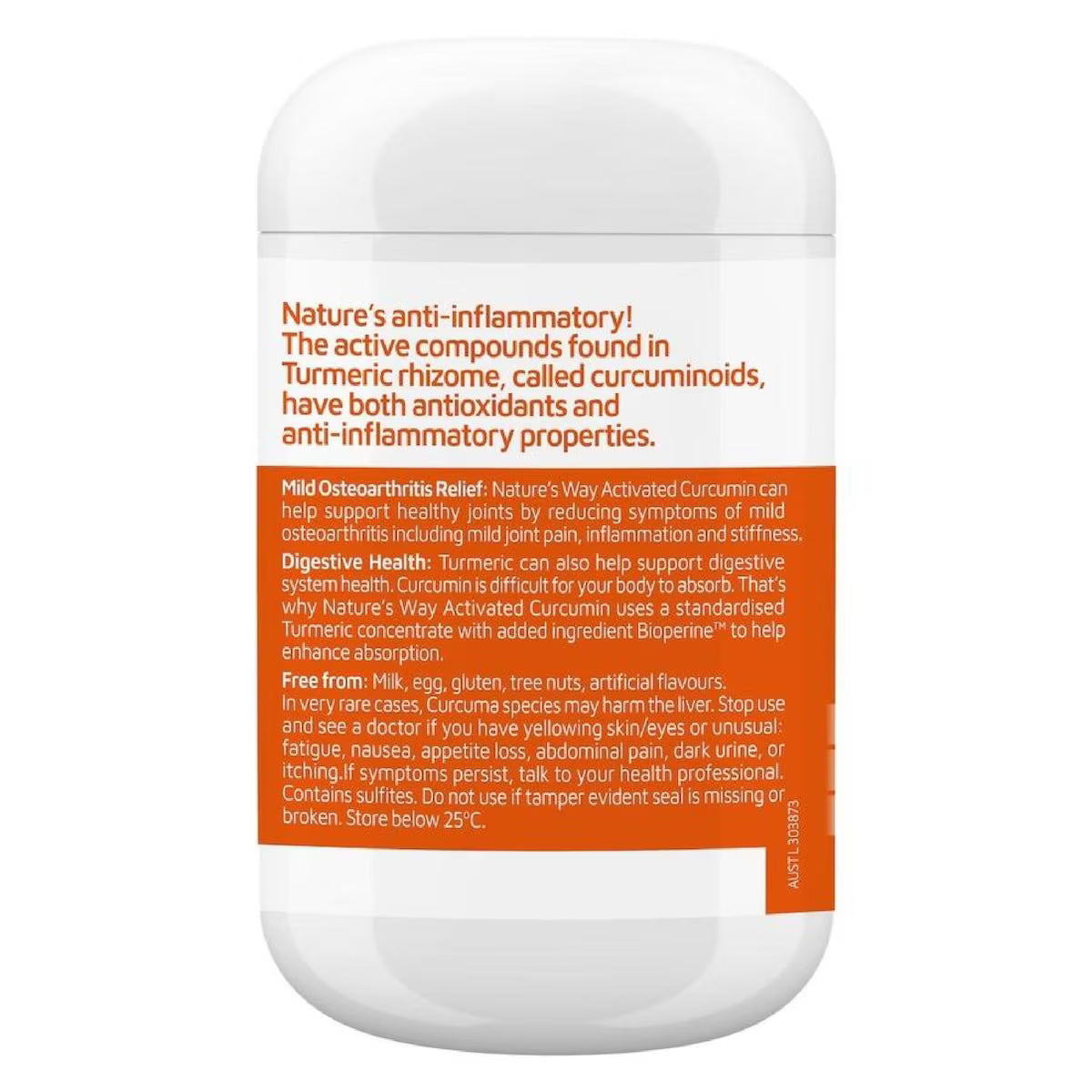 Natures Way Activated Curcumin Clinical Strength 90 Tablets bottle featuring turmeric root design, natural health supplement for inflammation and joint support.