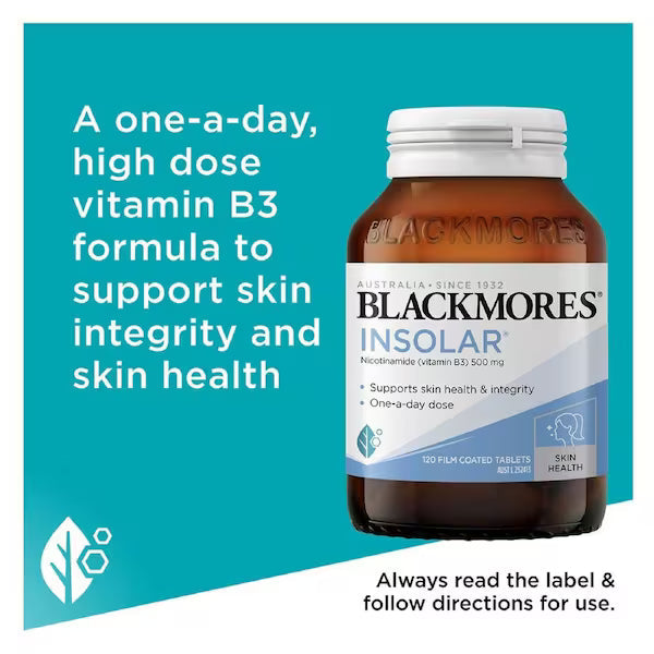 Blackmores Insolar 120 Tablets for sun protection, skin health, and UV defense.