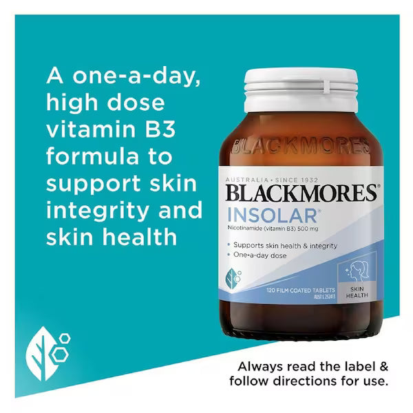 Blackmores Insolar 120 Tablets for sun protection, skin health, and UV defense.