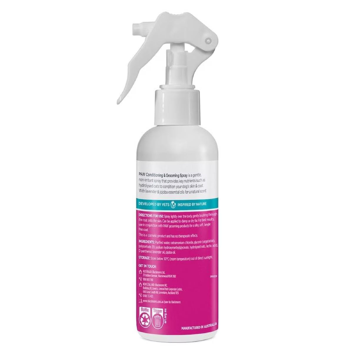 Blackmores Paw Conditioning and Grooming Spray Lavender & Jojoba 200ml for pets. A bottle with a lavender scent, designed to nourish, condition, and groom your pet’s coat, providing a shiny, healthy finish.