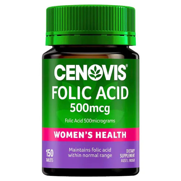 Cenovis Folic Acid 500mcg 150 Tablets bottle — dietary supplement supporting healthy cell growth and pregnancy health