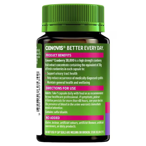 Cenovis Cranberry 30000mg 30 Capsules bottle for urinary tract health and antioxidant support supplement.
