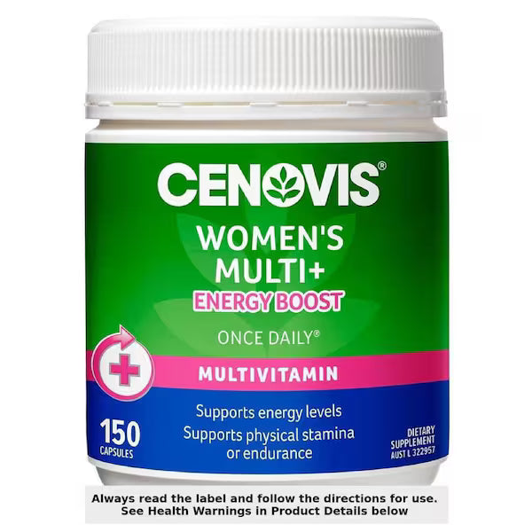 Cenovis Women's Multi+ Energy Boost 150 Capsules – daily multivitamin supplement for women supporting energy, vitality, and overall wellbeing.