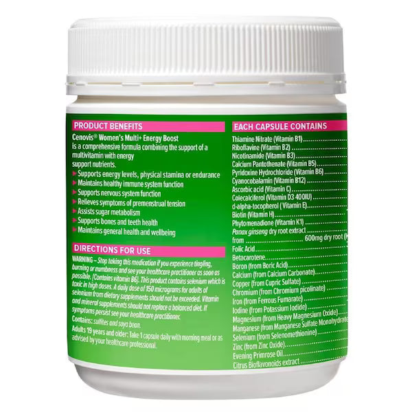 Cenovis Women's Multi+ Energy Boost 150 Capsules – daily multivitamin supplement for women supporting energy, vitality, and overall wellbeing.
