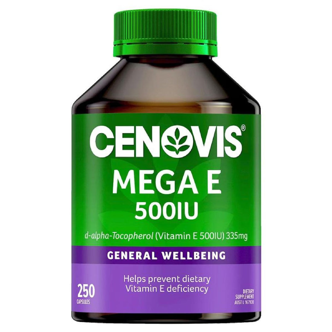 Cenovis Mega E 500IU 250 Capsules bottle – natural vitamin E supplement for heart health, antioxidant support, and immune function.
