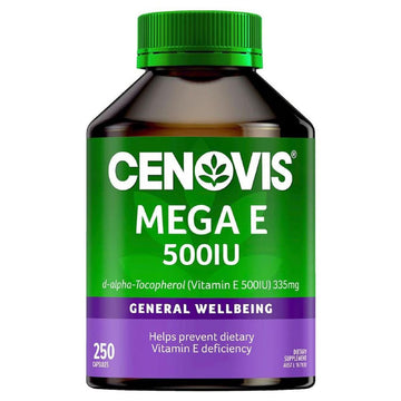 Cenovis Mega E 500IU 250 Capsules bottle – natural vitamin E supplement for heart health, antioxidant support, and immune function.