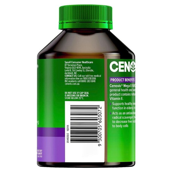 Cenovis Mega E 500IU 250 Capsules bottle – natural vitamin E supplement for heart health, antioxidant support, and immune function.