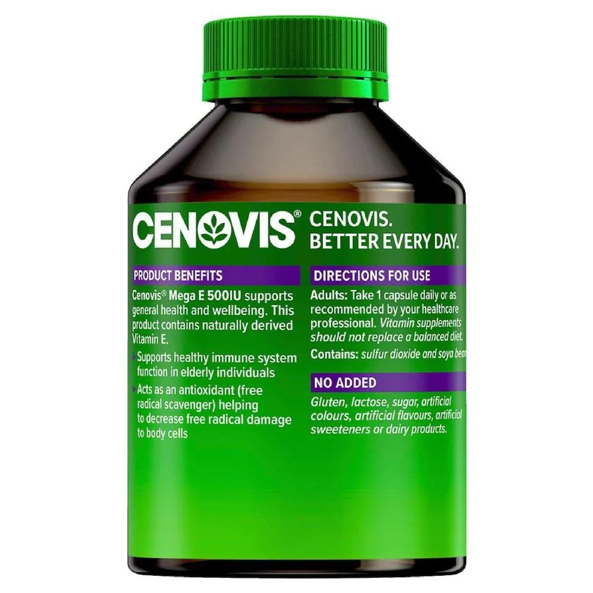 Cenovis Mega E 500IU 250 Capsules bottle – natural vitamin E supplement for heart health, antioxidant support, and immune function.