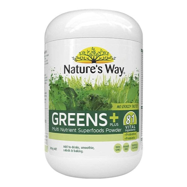 Natures Way Green + Superfood Powder 300g jar — premium green superfood blend with natural vitamins, antioxidants, and plant-based nutrients for daily wellness.