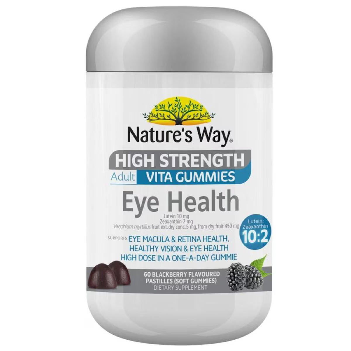 High Strength Adult Vita Gummies for Eye Health by Natures Way, 60 pack, featuring a bottle with vibrant gummy vitamins, designed to support vision and overall eye health.