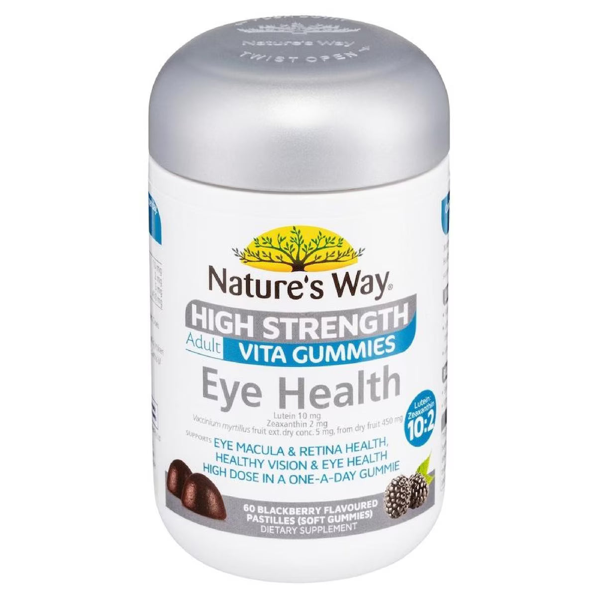 High Strength Adult Vita Gummies for Eye Health by Natures Way, 60 pack, featuring a bottle with vibrant gummy vitamins, designed to support vision and overall eye health.