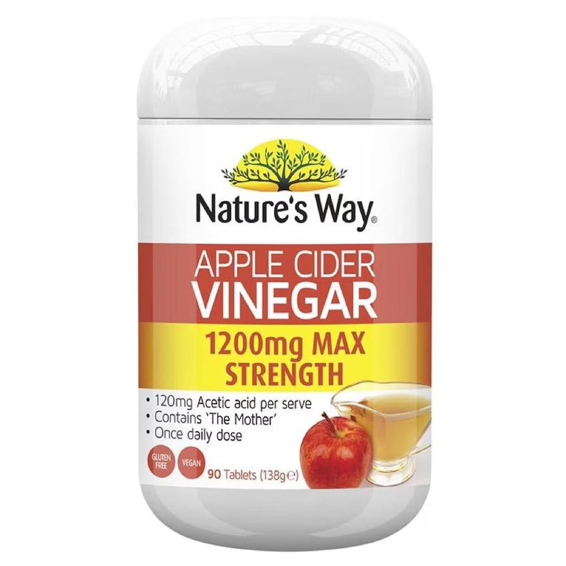 Nature’s Way Apple Cider Vinegar Max 1200mg 90 Tablets bottle with label showcasing dietary supplement for digestion and weight management.