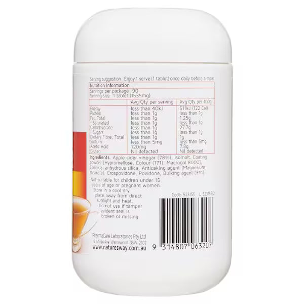 Nature’s Way Apple Cider Vinegar Max 1200mg 90 Tablets bottle with label showcasing dietary supplement for digestion and weight management.