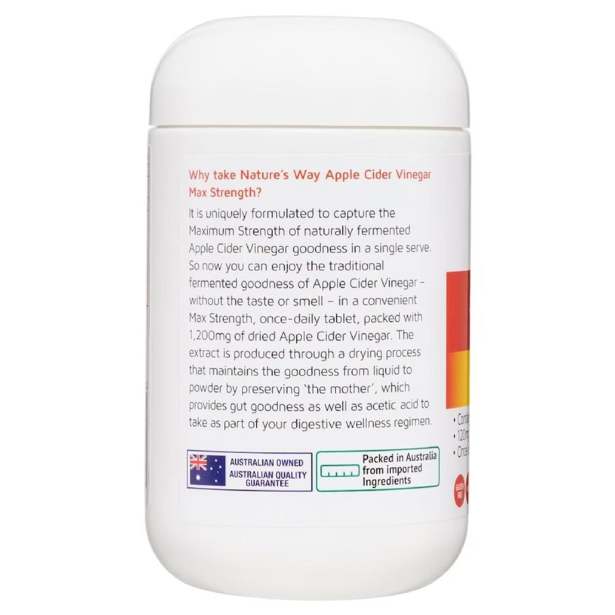 Nature’s Way Apple Cider Vinegar Max 1200mg 90 Tablets bottle with label showcasing dietary supplement for digestion and weight management.